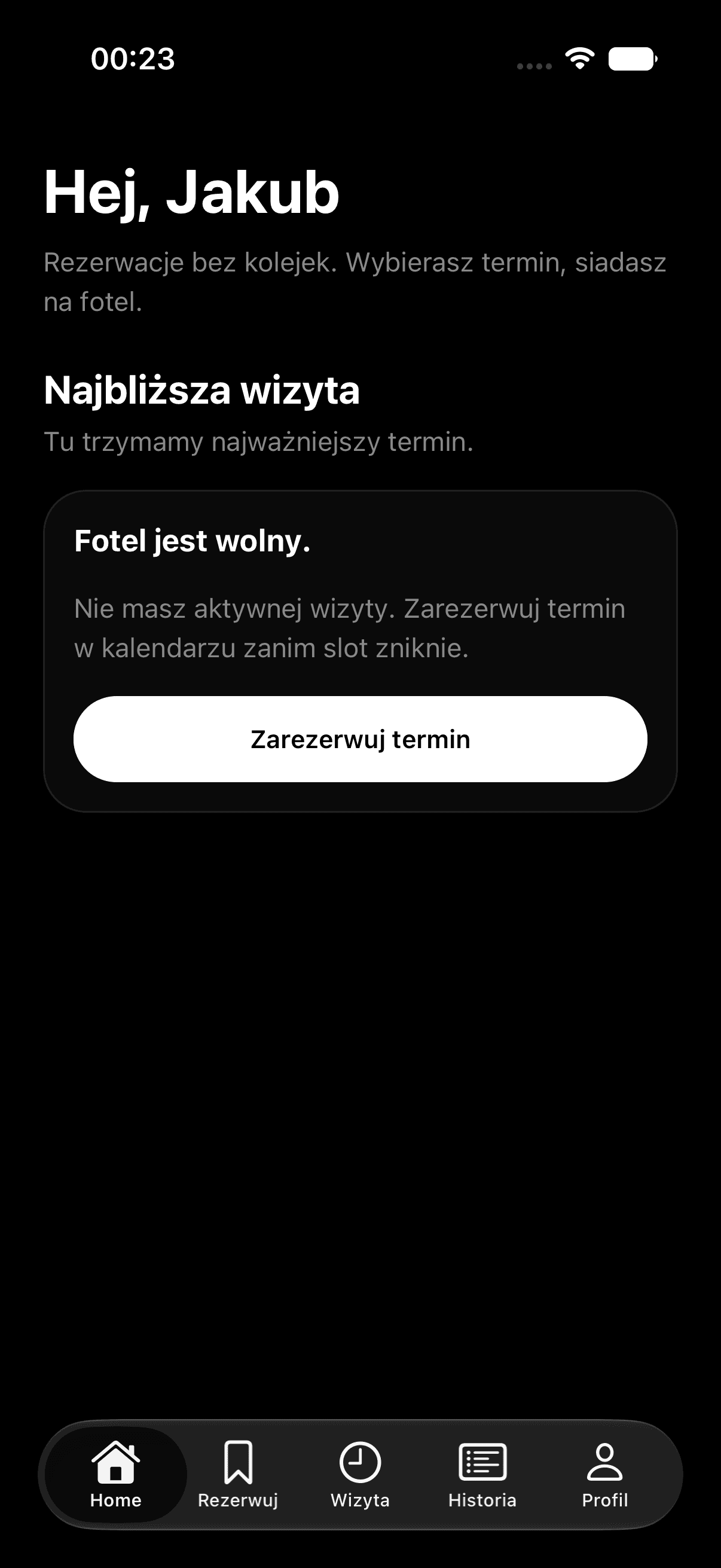 Ekran startowy aplikacji SC Haircut z najbliższą wizytą