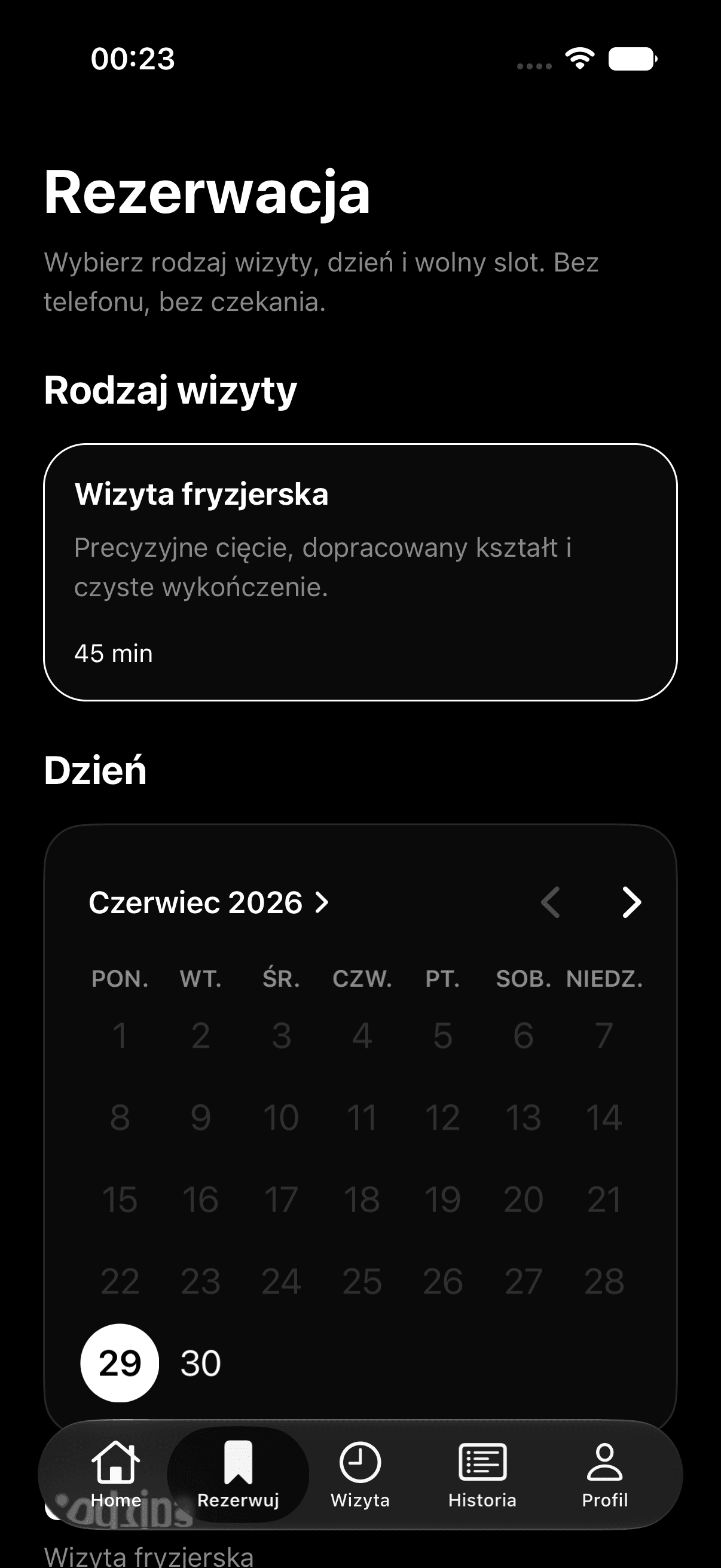 Ekran rezerwacji w aplikacji SC Haircut — wybór dnia i wolnego slotu