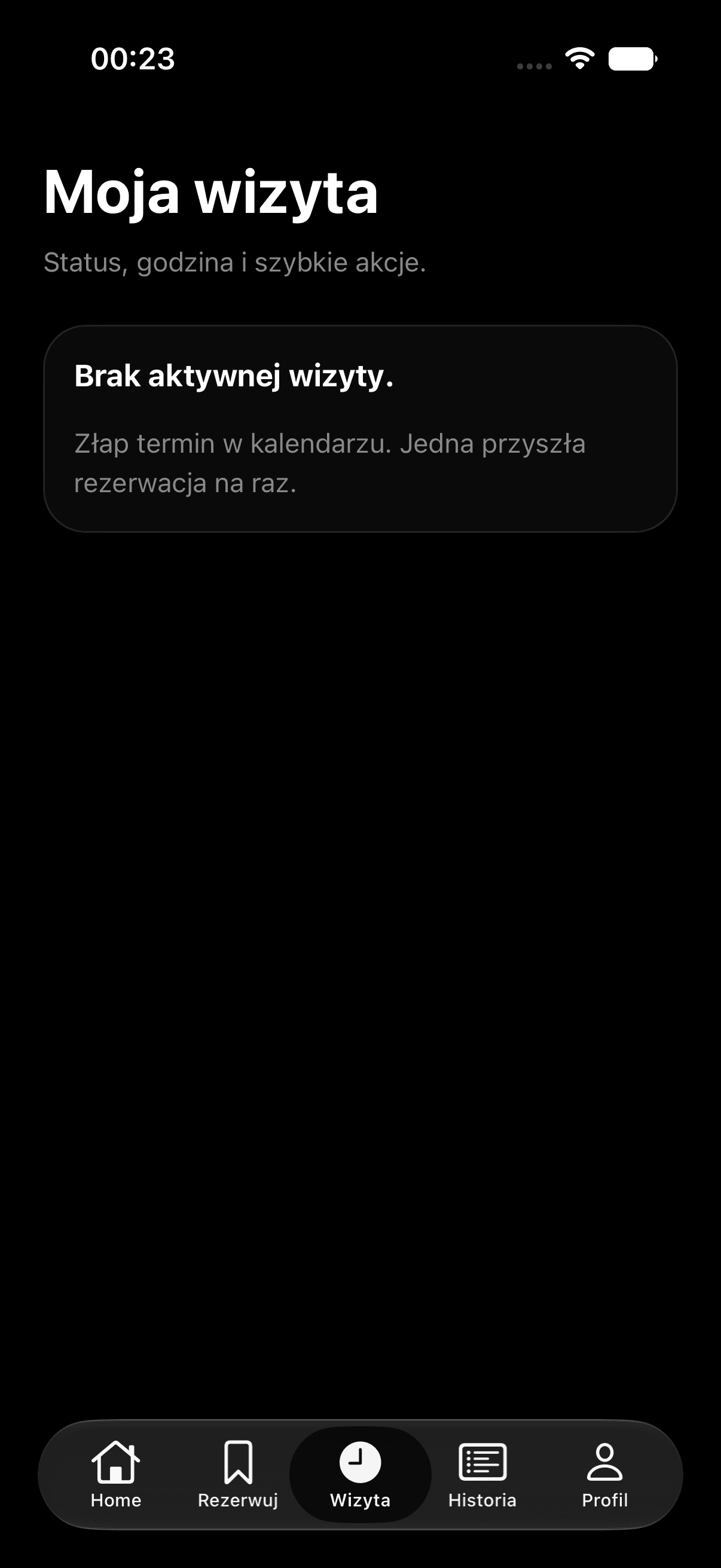 Ekran najbliższej wizyty ze statusem i godziną